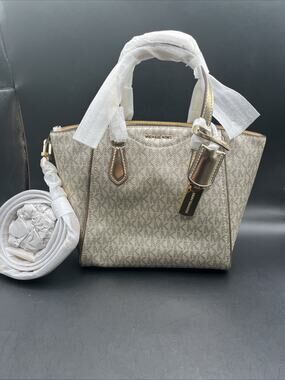 Michael Kors Taryn Small Canvas Convertible Beige Gold Crossbody Bag Purse NWT